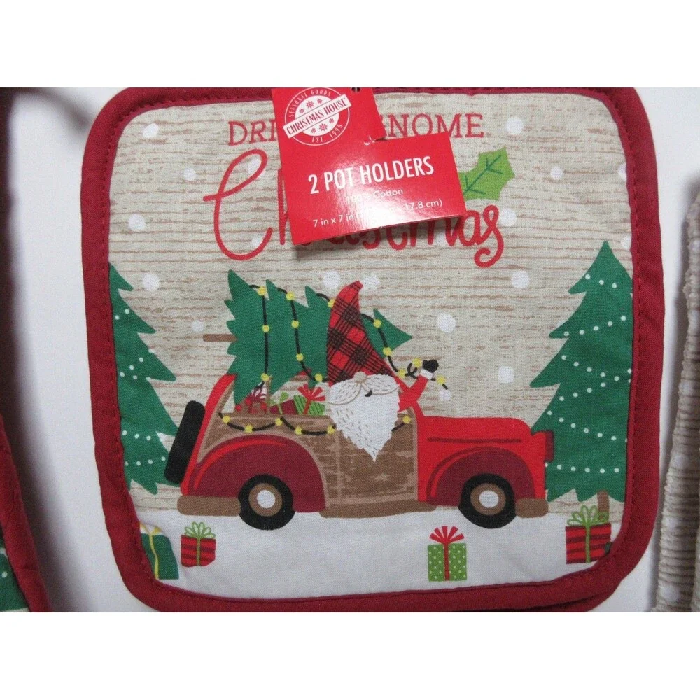 4 Piece Set Driving Gnome for Christmas 1 Dish Towel & 2 Potholder &1 OvenMitt